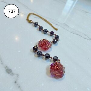 Purple Beaded Car Charm with Iridescent Rose Flowers & Gold Chain